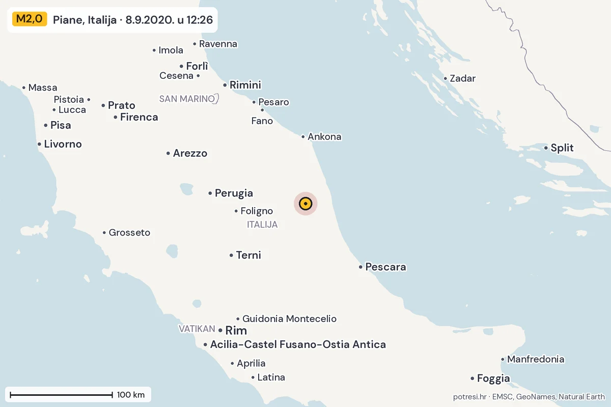 Karta: šire područje, 600 km, potres M2,0, Piane, Italija, 8.9.2020.