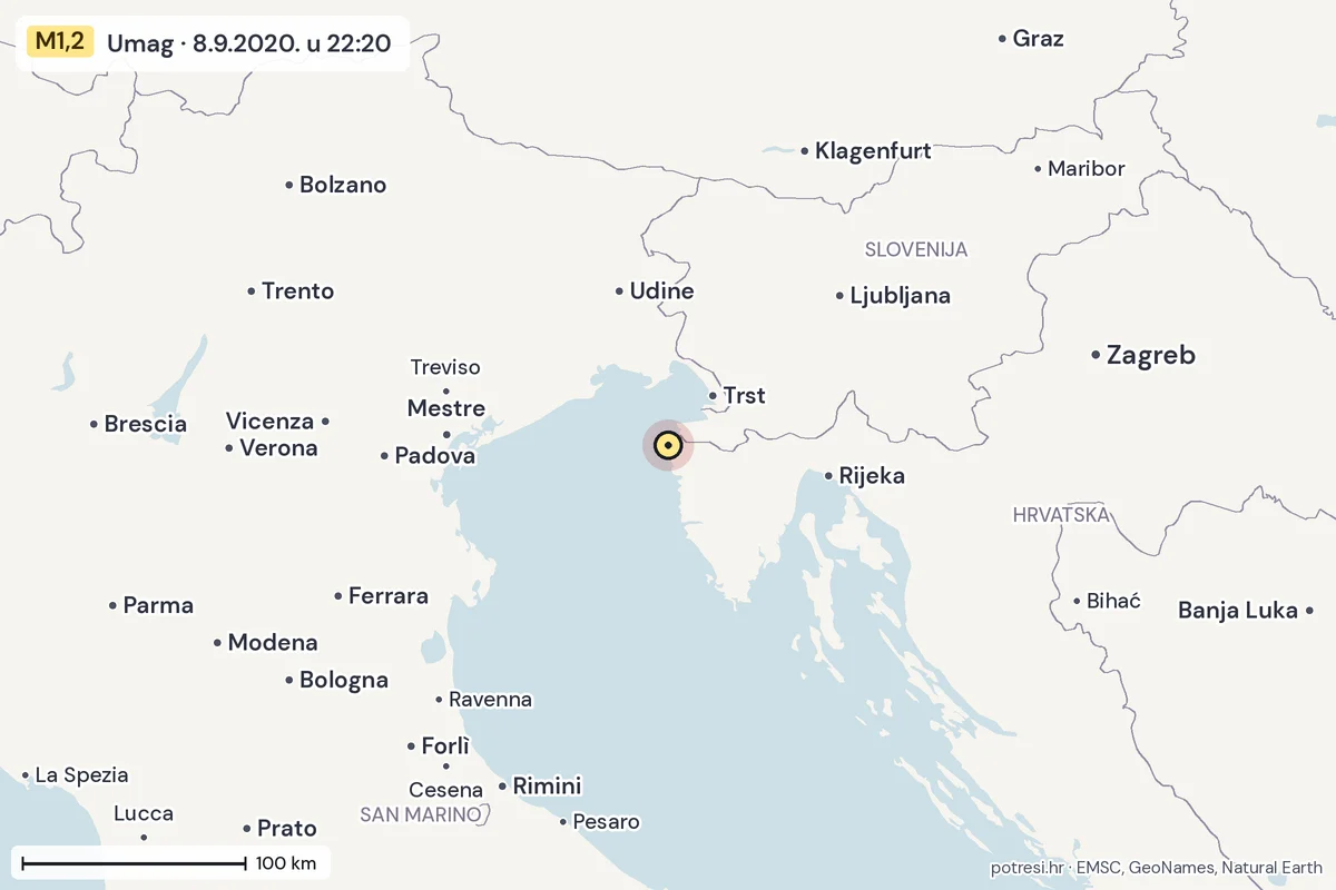 Karta: šire područje, 600 km, potres M1,2, Umag, 8.9.2020.