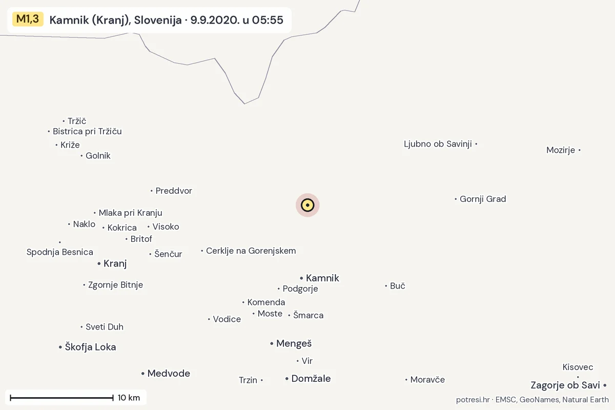 Karta: okolica epicentra, 60 km, potres M1,3, Kamnik (Kranj), Slovenija, 9.9.2020.