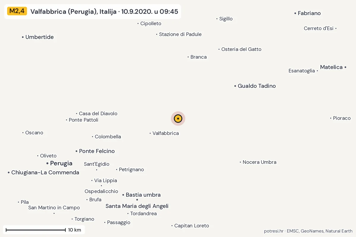Karta: okolica epicentra, 60 km, potres M2,4, Valfabbrica (Perugia), Italija, 10.9.2020.