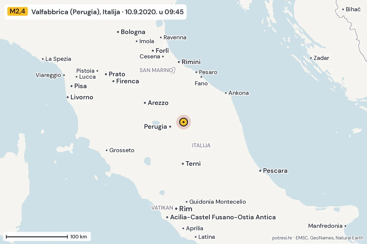 Karta: šire područje, 600 km, potres M2,4, Valfabbrica (Perugia), Italija, 10.9.2020.