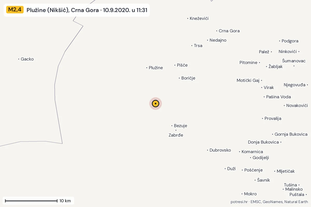 Karta: okolica epicentra, 60 km, potres M2,4, Plužine (Nikšić), Crna Gora, 10.9.2020.