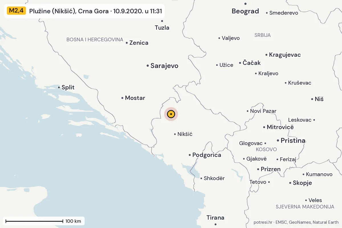 Karta: šire područje, 600 km, potres M2,4, Plužine (Nikšić), Crna Gora, 10.9.2020.