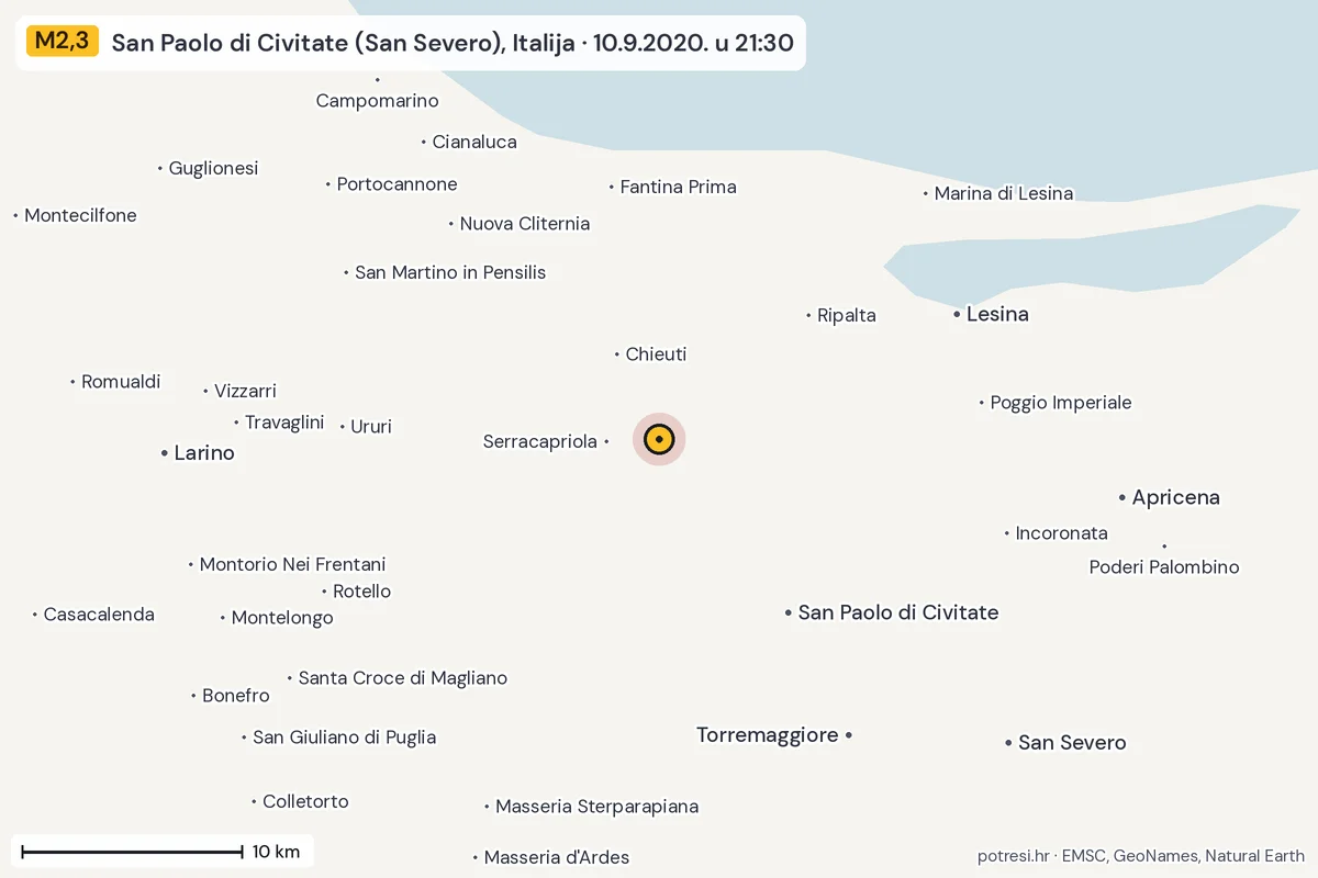 Karta: okolica epicentra, 60 km, potres M2,3, San Paolo di Civitate (San Severo), Italija, 10.9.2020.