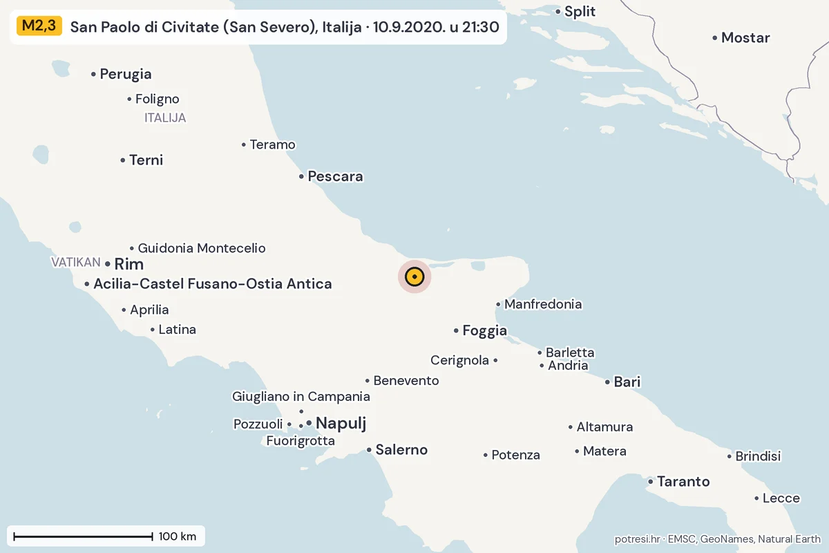 Karta: šire područje, 600 km, potres M2,3, San Paolo di Civitate (San Severo), Italija, 10.9.2020.