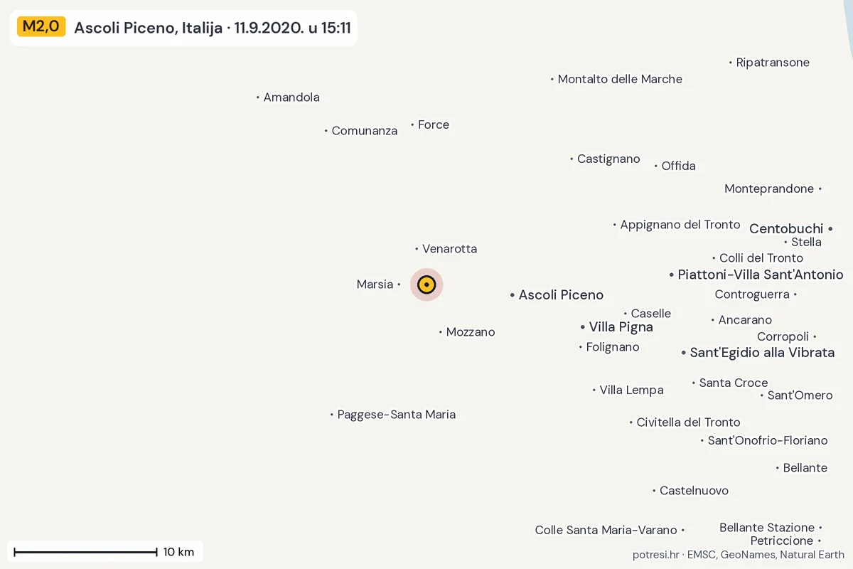 Karta: okolica epicentra, 60 km, potres M2,0, Ascoli Piceno, Italija, 11.9.2020.
