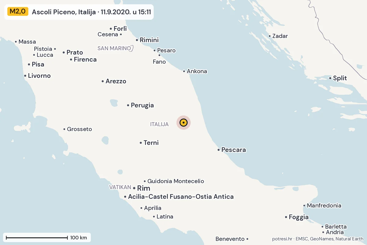 Karta: šire područje, 600 km, potres M2,0, Ascoli Piceno, Italija, 11.9.2020.