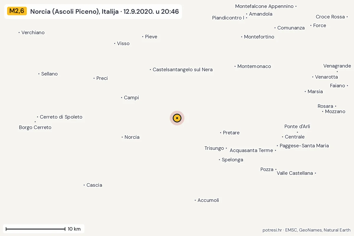 Karta: okolica epicentra, 60 km, potres M2,6, Norcia (Ascoli Piceno), Italija, 12.9.2020.