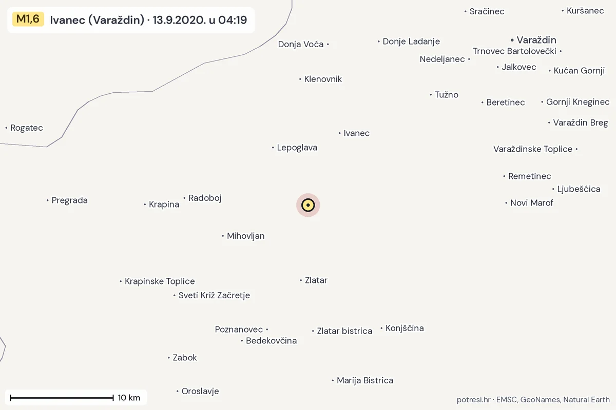 Karta: okolica epicentra, 60 km, potres M1,6, Ivanec (Varaždin), 13.9.2020.