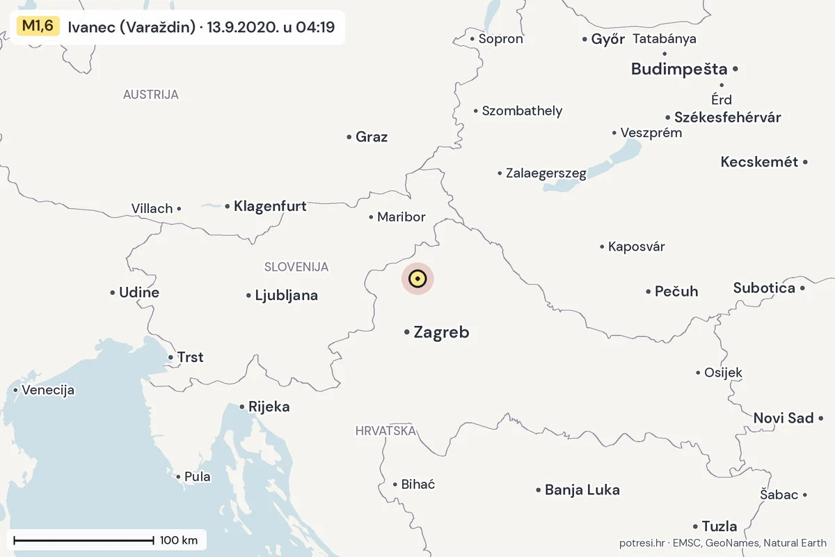 Karta: šire područje, 600 km, potres M1,6, Ivanec (Varaždin), 13.9.2020.