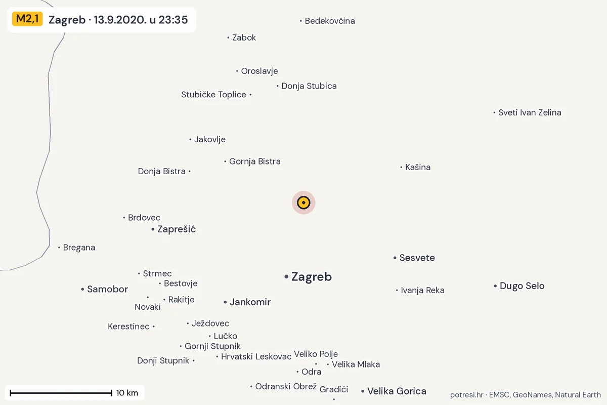 Karta: okolica epicentra, 60 km, potres M2,1, Zagreb, 13.9.2020.