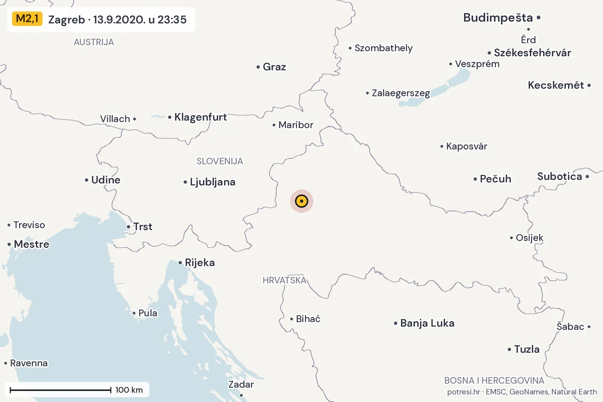 Karta: šire područje, 600 km, potres M2,1, Zagreb, 13.9.2020.