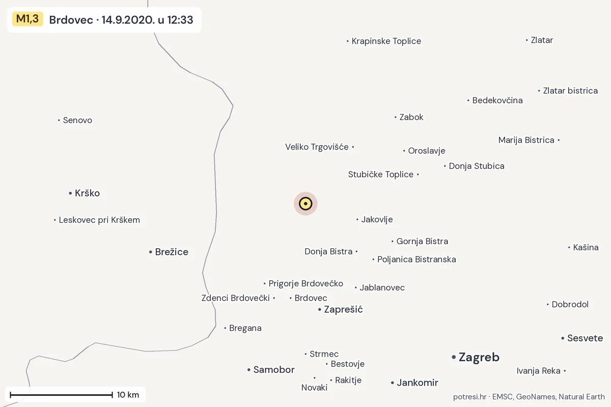 Karta: okolica epicentra, 60 km, potres M1,3, Brdovec, 14.9.2020.