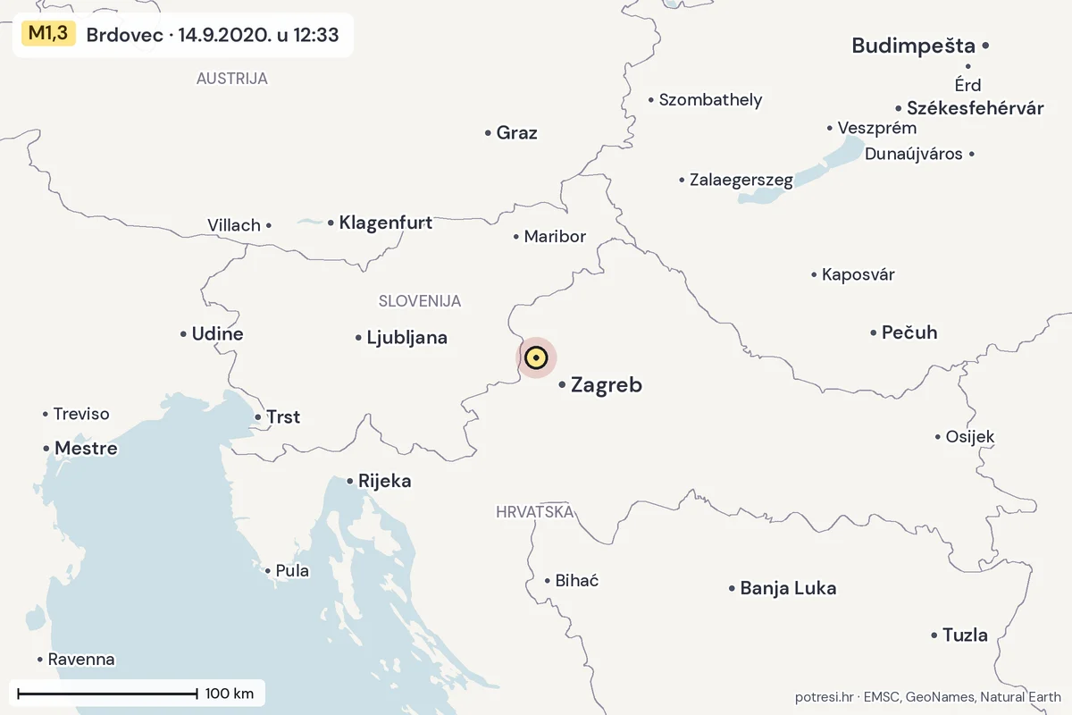 Karta: šire područje, 600 km, potres M1,3, Brdovec, 14.9.2020.