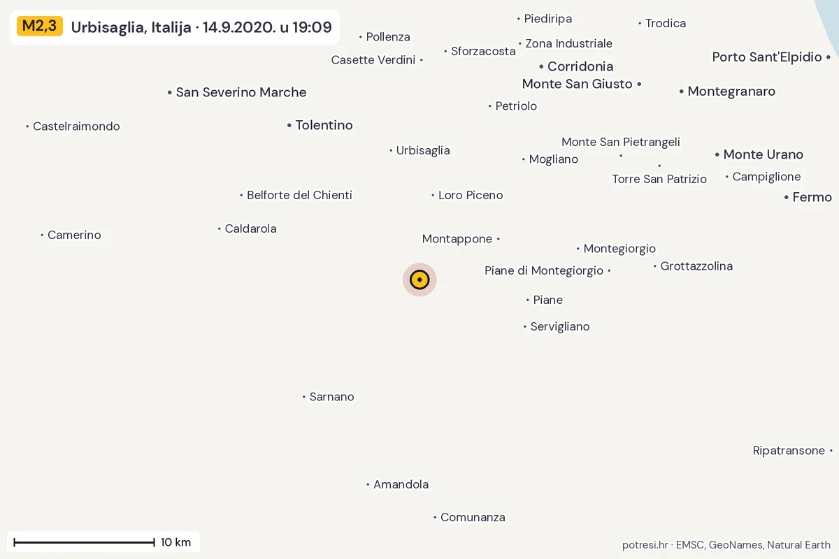 Karta: okolica epicentra, 60 km, potres M2,3, Urbisaglia, Italija, 14.9.2020.