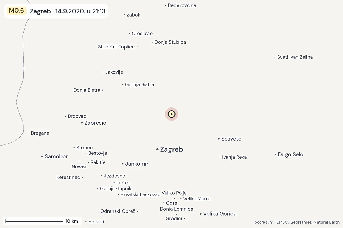Karta: okolica epicentra, 60 km, potres M0,6, Zagreb, 14.9.2020.