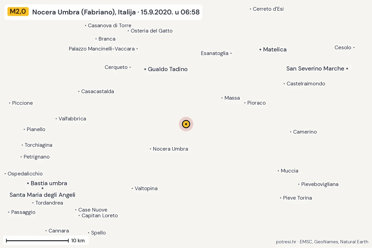 Karta: okolica epicentra, 60 km, potres M2,0, Nocera Umbra (Fabriano), Italija, 15.9.2020.