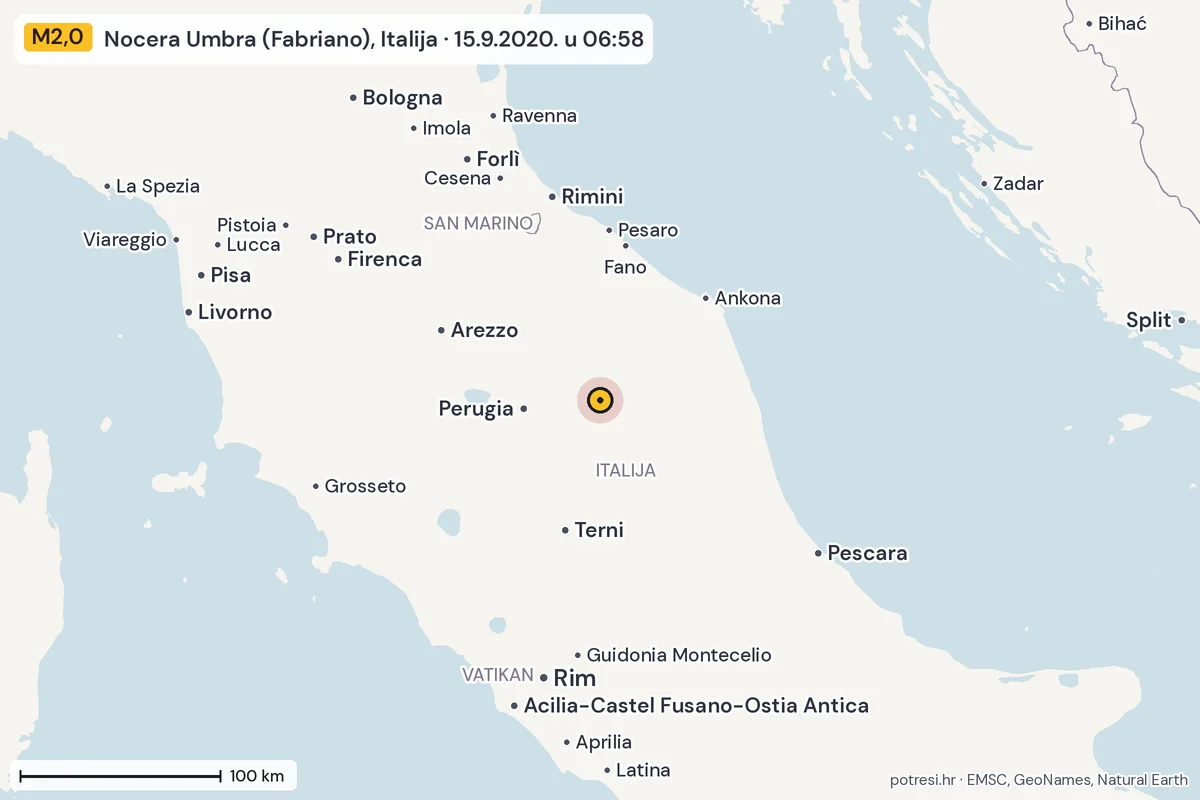 Karta: šire područje, 600 km, potres M2,0, Nocera Umbra (Fabriano), Italija, 15.9.2020.