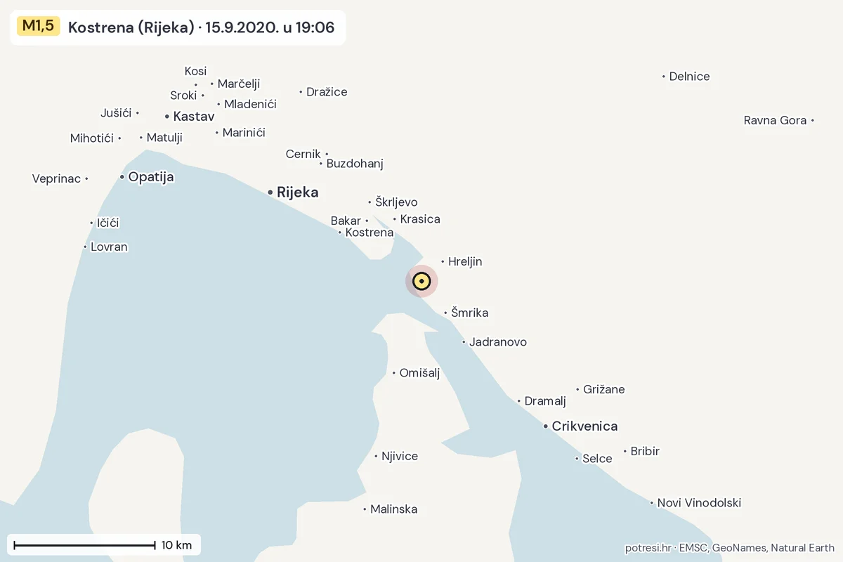 Karta: okolica epicentra, 60 km, potres M1,5, Kostrena (Rijeka), 15.9.2020.