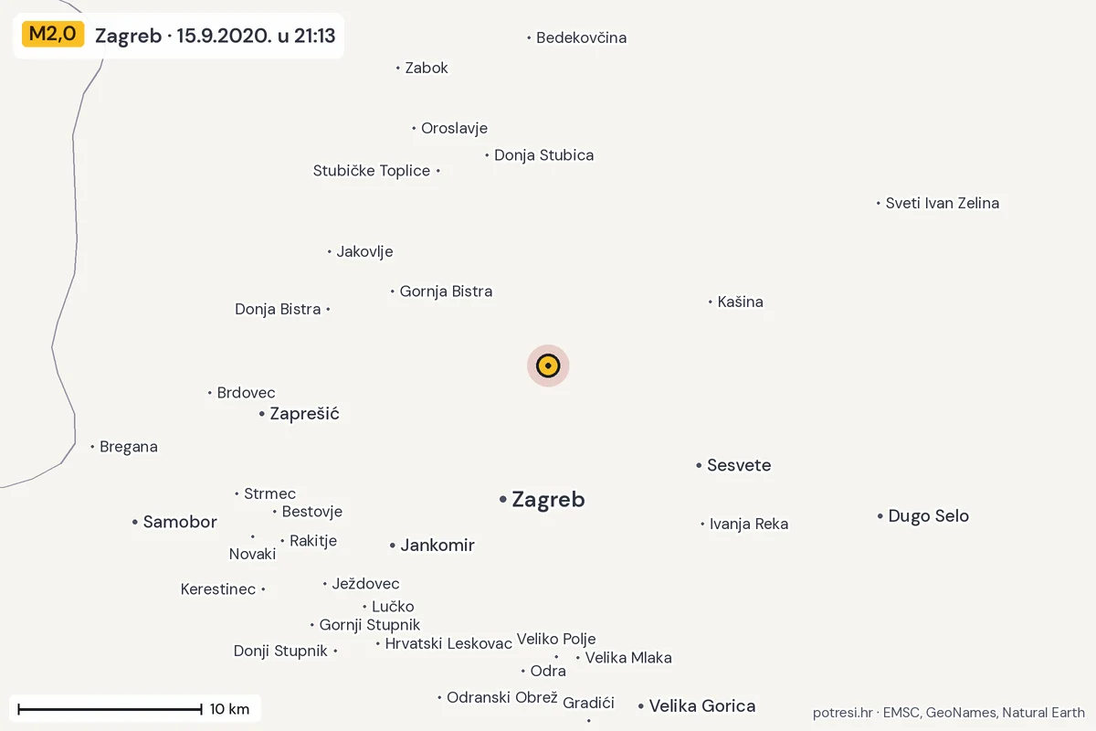 Karta: okolica epicentra, 60 km, potres M2,0, Zagreb, 15.9.2020.