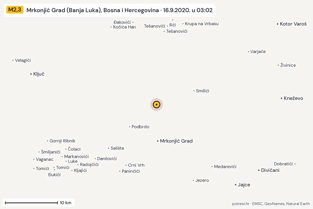 Karta: okolica epicentra, 60 km, potres M2,3, Mrkonjić Grad (Banja Luka), Bosna i Hercegovina, 16.9.2020.