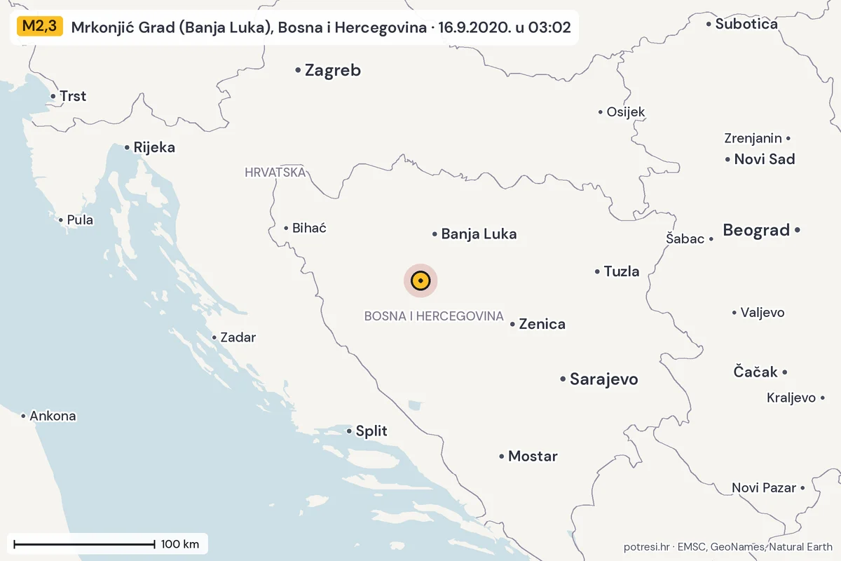 Karta: šire područje, 600 km, potres M2,3, Mrkonjić Grad (Banja Luka), Bosna i Hercegovina, 16.9.2020.