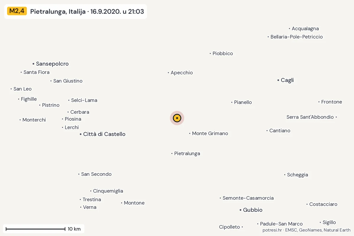 Karta: okolica epicentra, 60 km, potres M2,4, Pietralunga, Italija, 16.9.2020.
