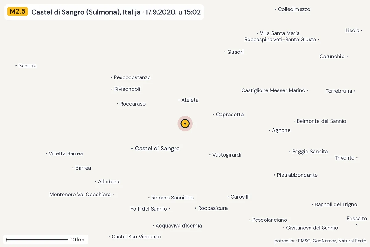 Karta: okolica epicentra, 60 km, potres M2,5, Castel di Sangro (Sulmona), Italija, 17.9.2020.
