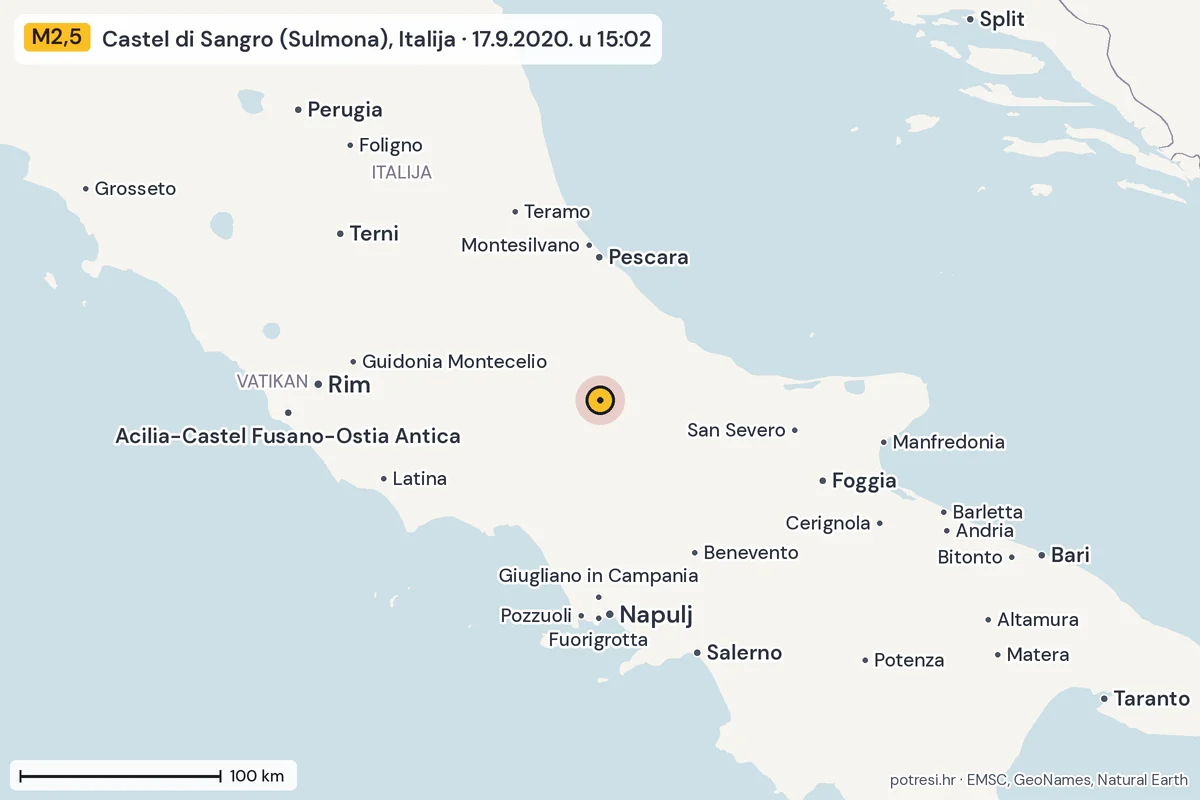 Karta: šire područje, 600 km, potres M2,5, Castel di Sangro (Sulmona), Italija, 17.9.2020.
