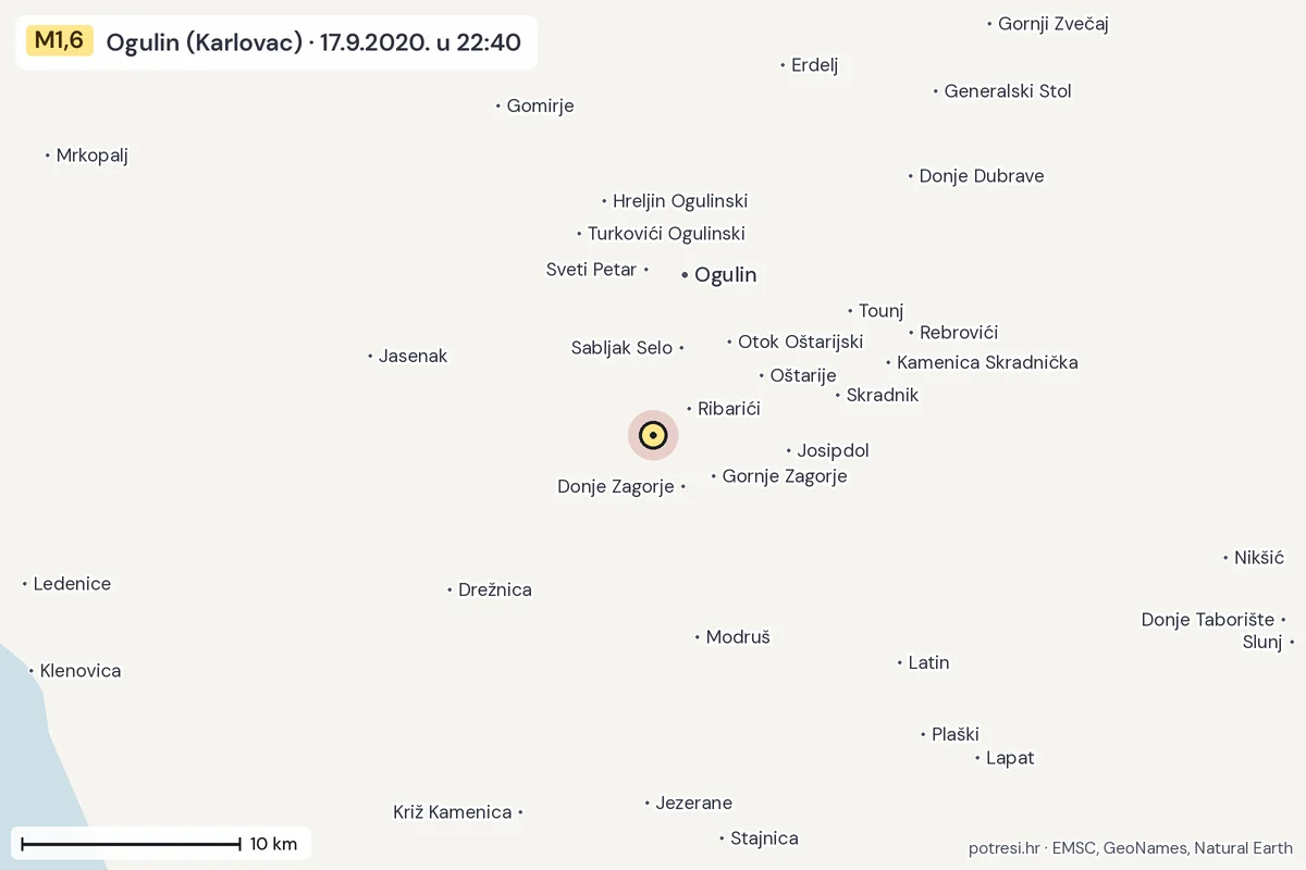 Karta: okolica epicentra, 60 km, potres M1,6, Ogulin (Karlovac), 17.9.2020.