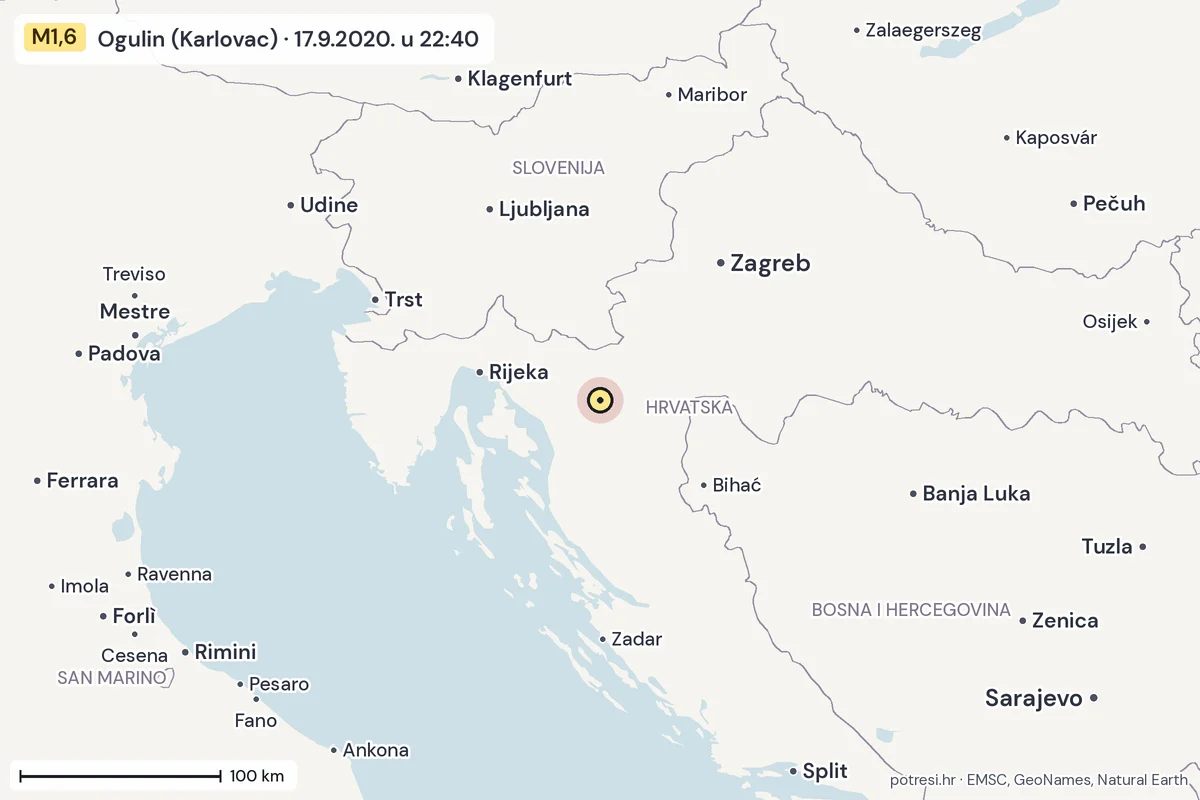 Karta: šire područje, 600 km, potres M1,6, Ogulin (Karlovac), 17.9.2020.