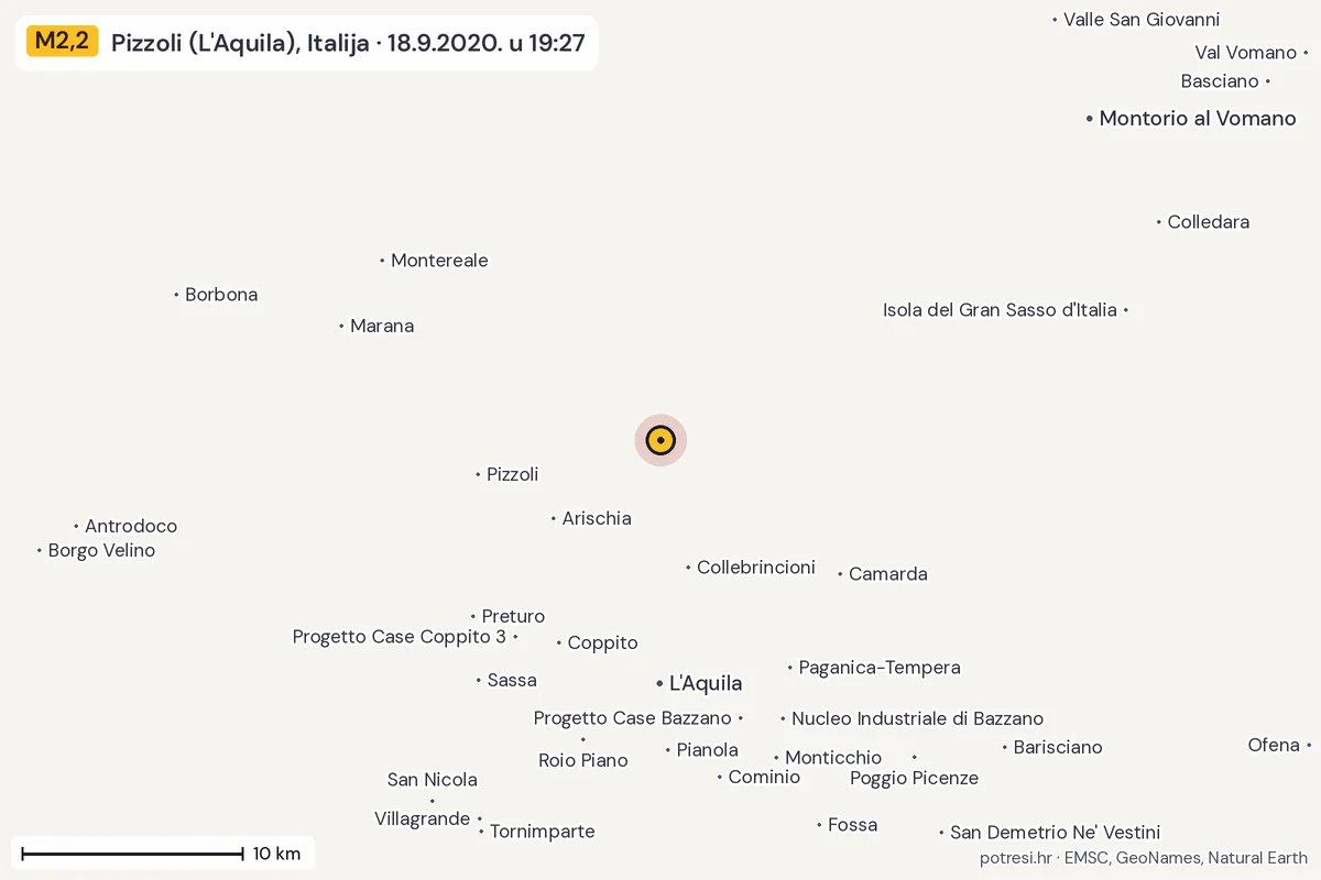 Karta: okolica epicentra, 60 km, potres M2,2, Pizzoli (L'Aquila), Italija, 18.9.2020.