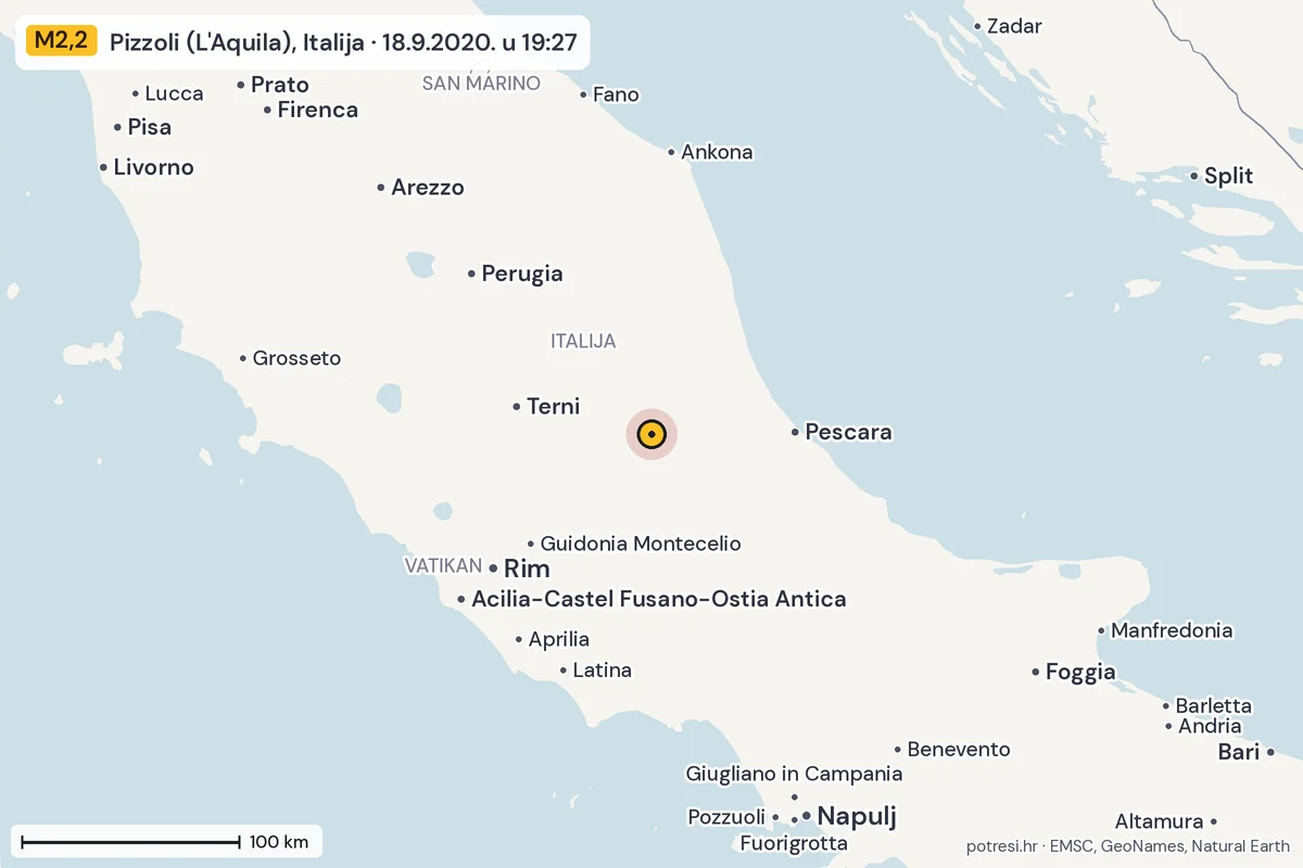 Karta: šire područje, 600 km, potres M2,2, Pizzoli (L'Aquila), Italija, 18.9.2020.
