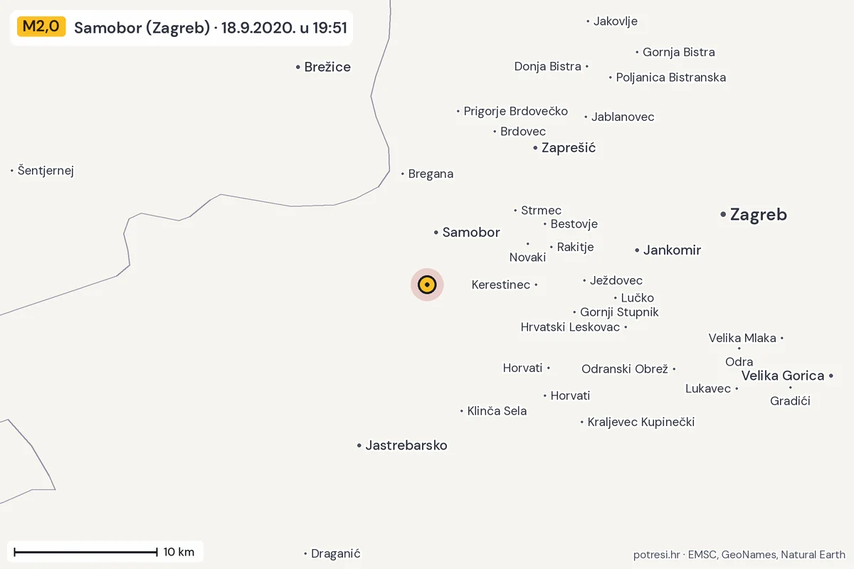Karta: okolica epicentra, 60 km, potres M2,0, Samobor (Zagreb), 18.9.2020.