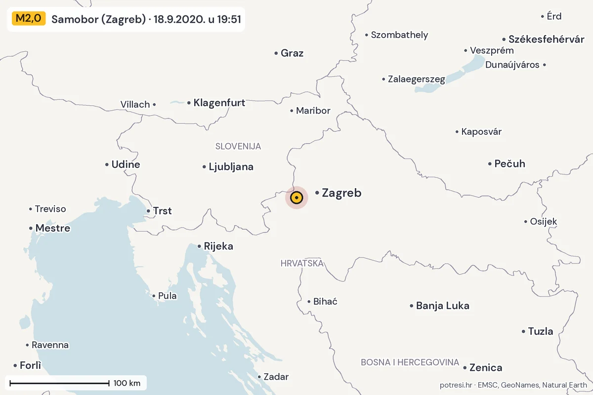 Karta: šire područje, 600 km, potres M2,0, Samobor (Zagreb), 18.9.2020.