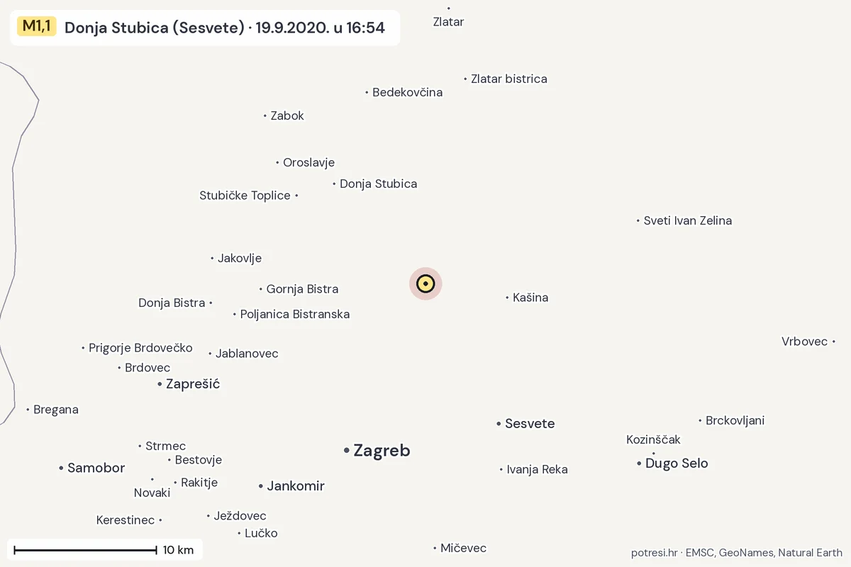 Karta: okolica epicentra, 60 km, potres M1,1, Donja Stubica (Sesvete), 19.9.2020.