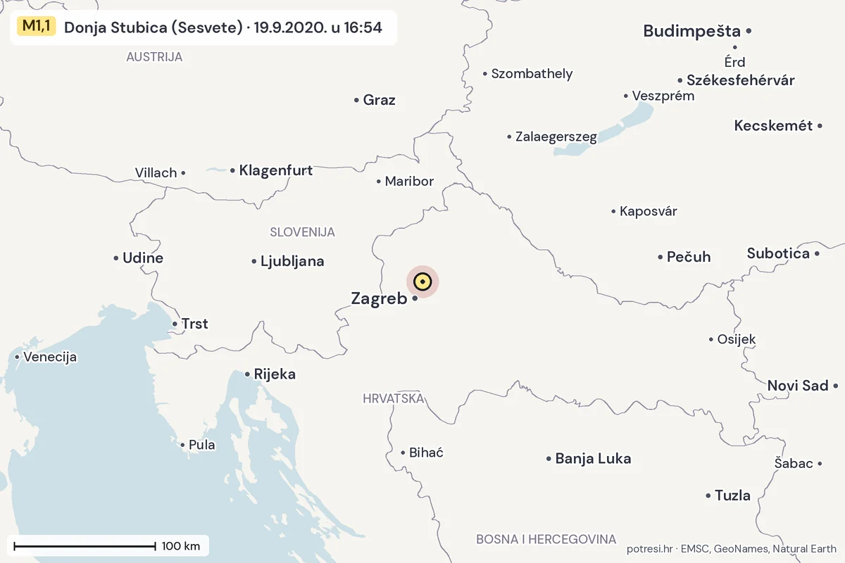 Karta: šire područje, 600 km, potres M1,1, Donja Stubica (Sesvete), 19.9.2020.