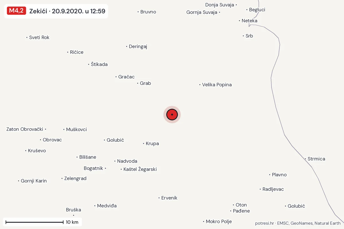 Karta: okolica epicentra, 60 km, potres M4,2, Zekići, 20.9.2020.