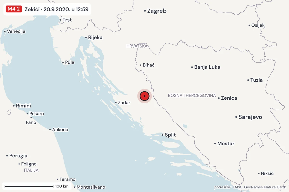 Karta: šire područje, 600 km, potres M4,2, Zekići, 20.9.2020.