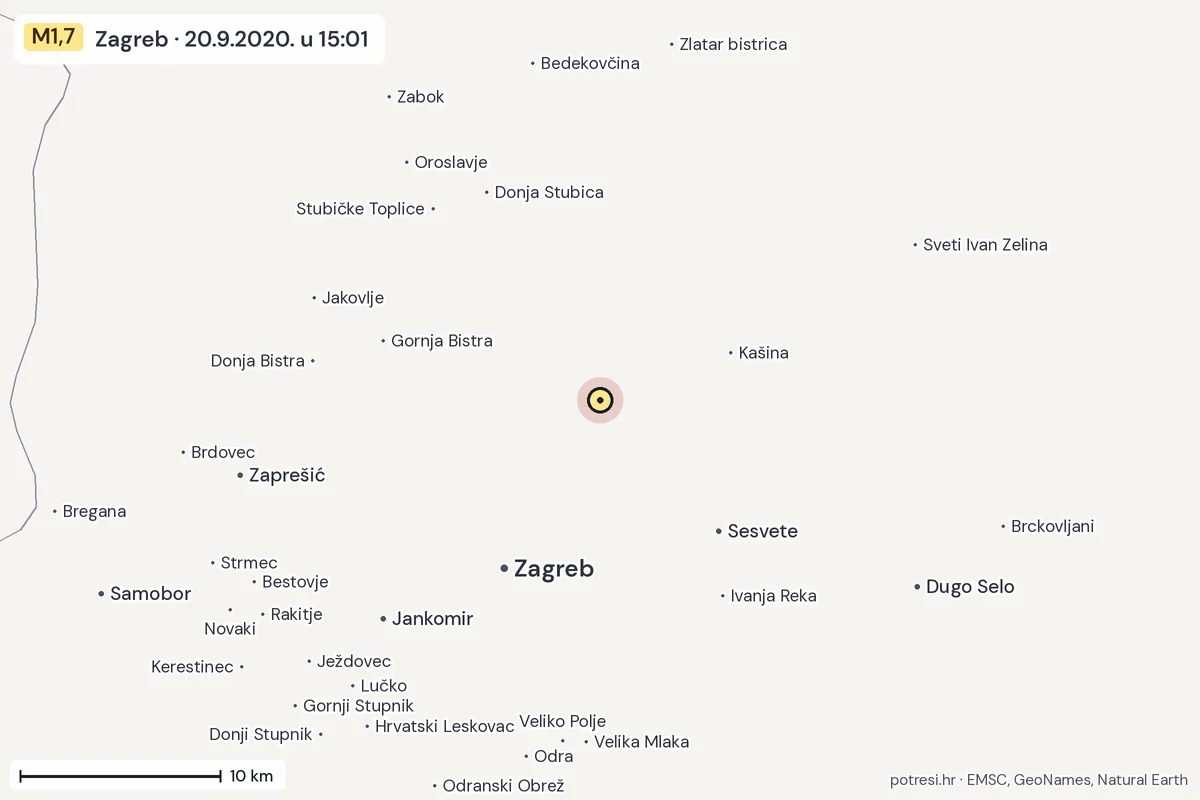 Karta: okolica epicentra, 60 km, potres M1,7, Zagreb, 20.9.2020.