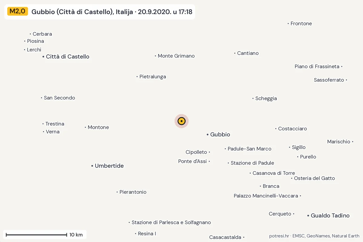 Karta: okolica epicentra, 60 km, potres M2,0, Gubbio (Città di Castello), Italija, 20.9.2020.