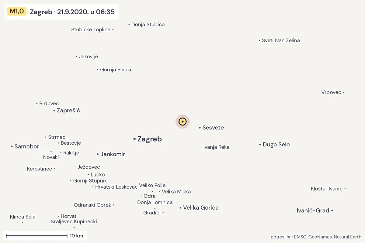 Karta: okolica epicentra, 60 km, potres M1,0, Zagreb, 21.9.2020.
