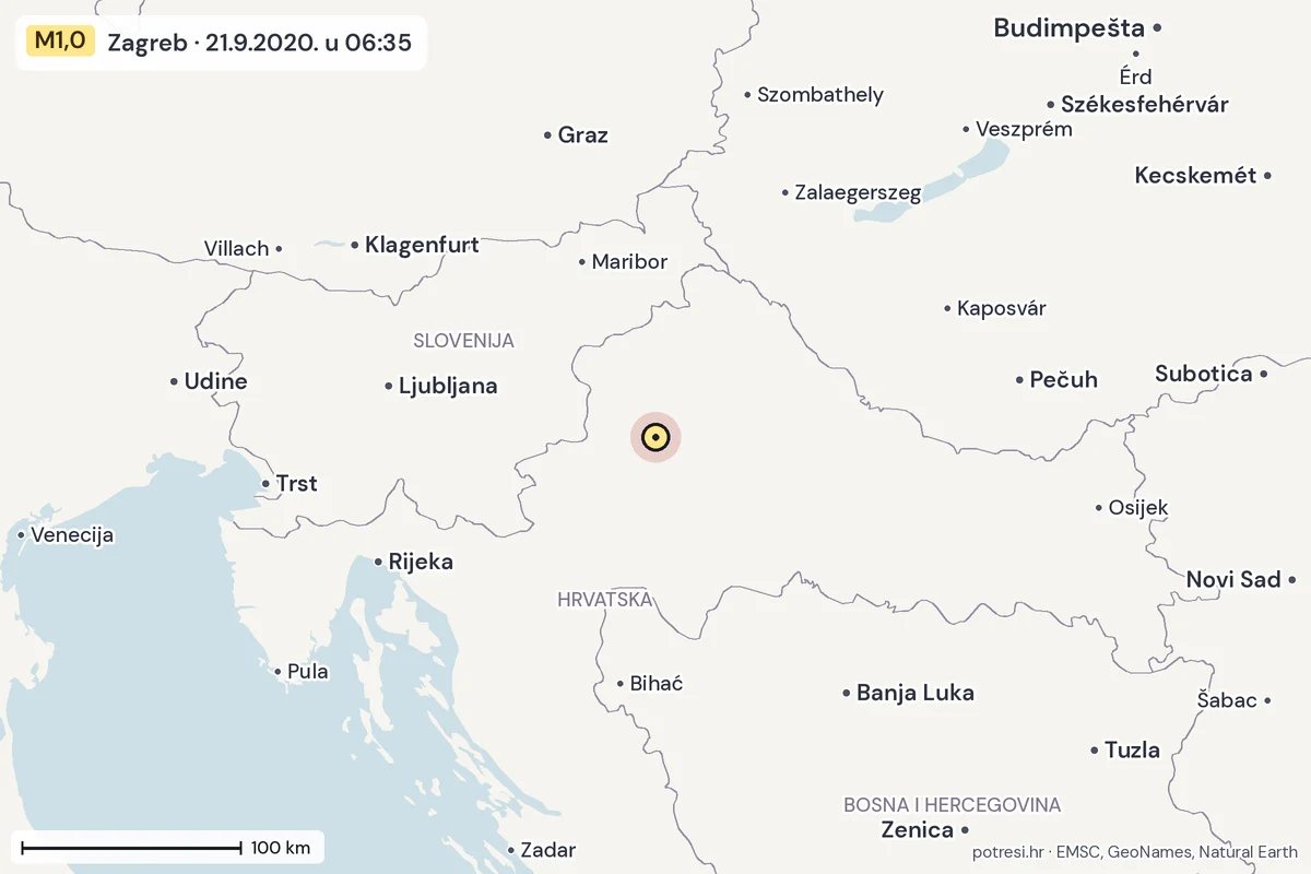 Karta: šire područje, 600 km, potres M1,0, Zagreb, 21.9.2020.