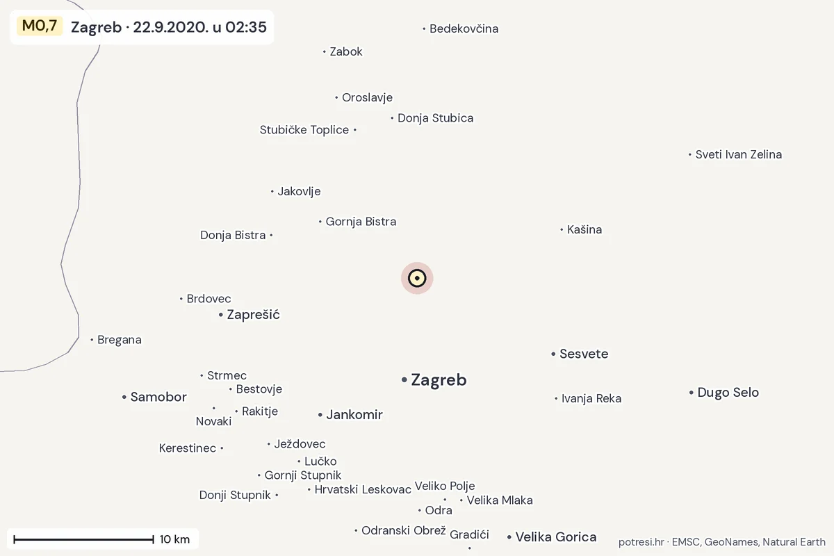 Karta: okolica epicentra, 60 km, potres M0,7, Zagreb, 22.9.2020.