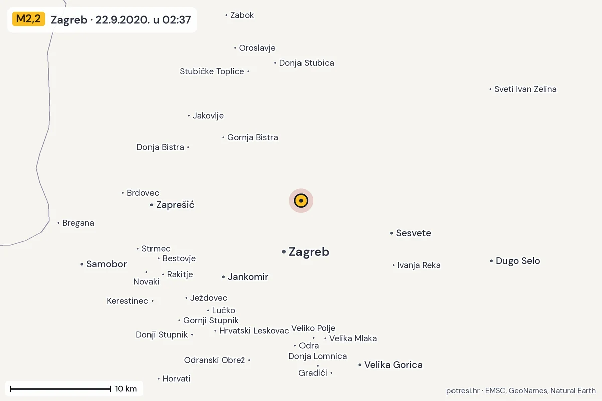 Karta: okolica epicentra, 60 km, potres M2,2, Zagreb, 22.9.2020.