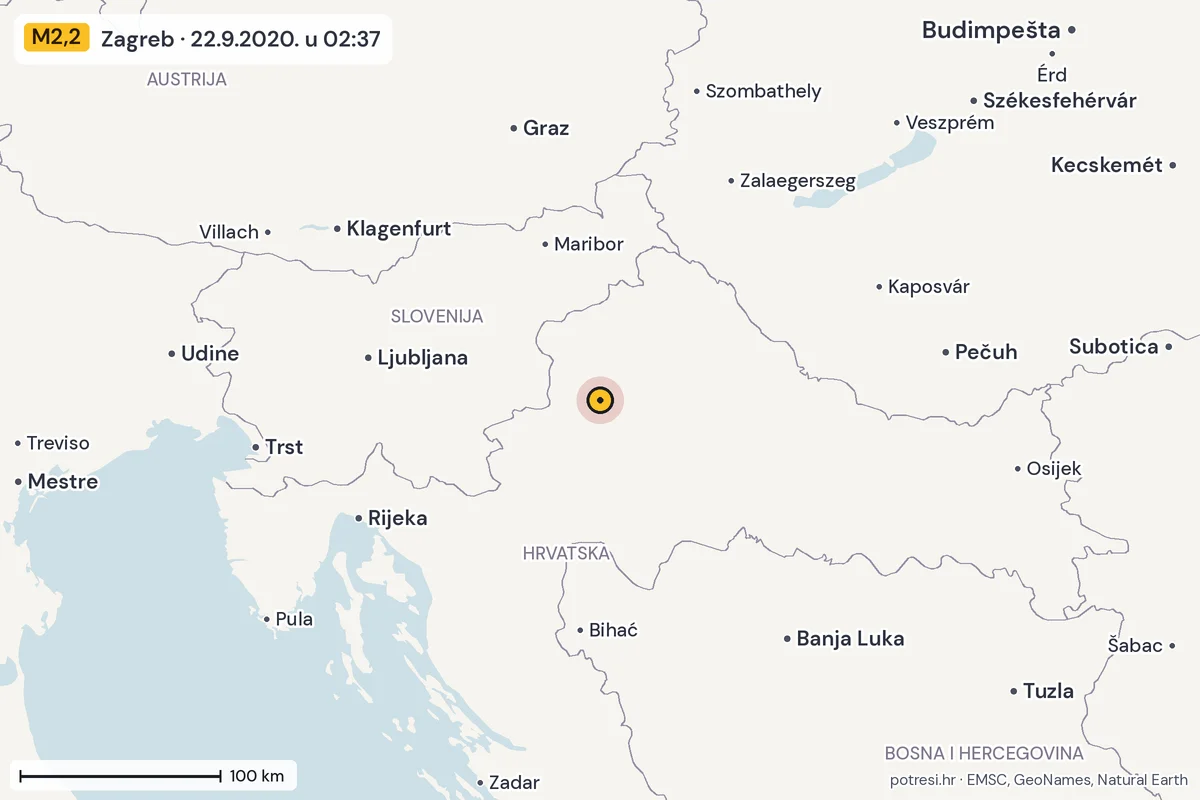 Karta: šire područje, 600 km, potres M2,2, Zagreb, 22.9.2020.