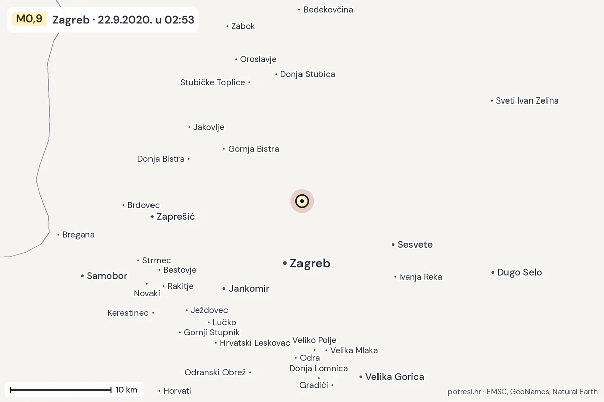 Karta: okolica epicentra, 60 km, potres M0,9, Zagreb, 22.9.2020.