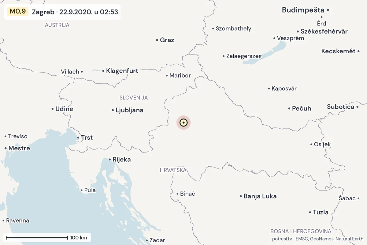 Karta: šire područje, 600 km, potres M0,9, Zagreb, 22.9.2020.