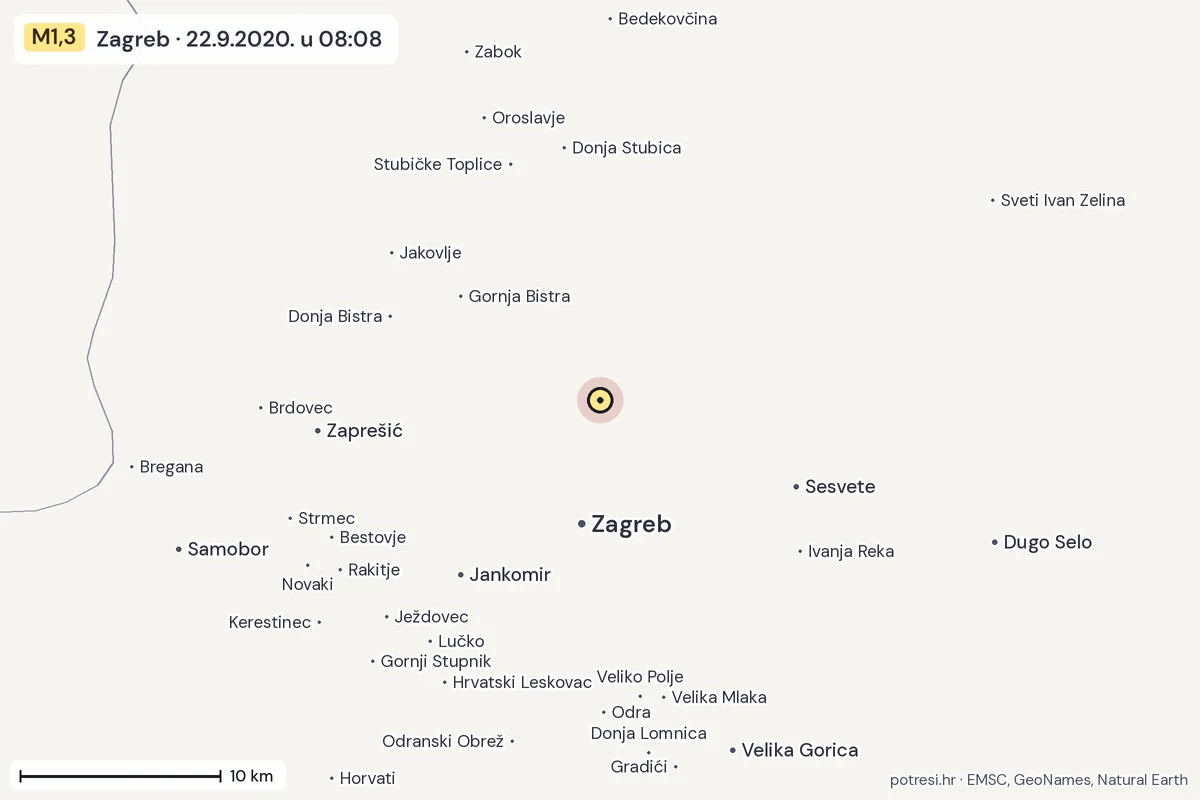 Karta: okolica epicentra, 60 km, potres M1,3, Zagreb, 22.9.2020.