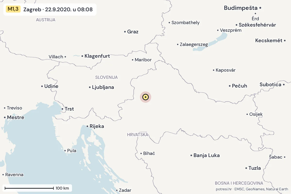 Karta: šire područje, 600 km, potres M1,3, Zagreb, 22.9.2020.